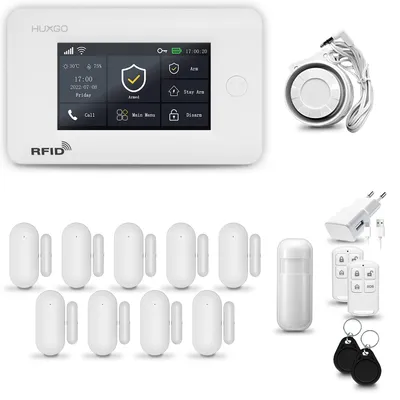 Image de Système d'alarme HUXGO HXA006 pour la maison, avec connexion WiFi et GSM 4G, incluant une sirène, un détecteur de mouvement et 9 détecteurs d'ouverture de portes et fenêtres, compatible avec l'application Tuya Smartlife