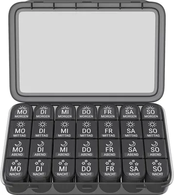 Produktbild von WELLGRO Tablettenbox für 7 Tage - Pillendose je 4 Fächer pro Tag - Klappdeckel mit Druckverschluss - Aufbewahrungsbox - BPA-freier Kunststoff