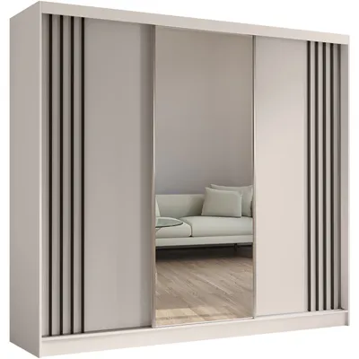 Produktbild von Schiebetürenschrank NELA II 240cm - 3-türig Kleiderschrank, Garderobe, Schrank mit Spiegeln & 4 Schubladen, Farbe: Kaschmir + Schwarz