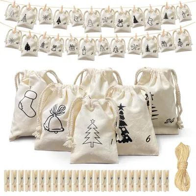 Produktbild von Adventskalender zum Befüllen Stoff 24 Säckchen mit Kordel und Klammern 3 Größen