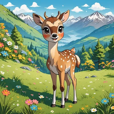 A cartoon deer stands in a meadow with flowers and mountains in the background.