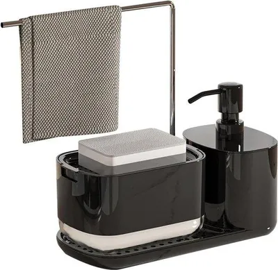 Image de Organisateur de cuisine avec bac de rangement et distributeur de savon - Support pour éponge à vaisselle, organiseur de rangement de cuisine, noir.
