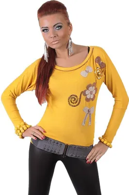 Produktbild von Damen Langarm Bluse Tunika Shirt Pullover mit Pailletten; Senf/S/M