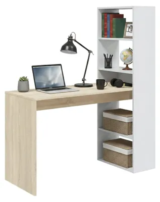 Produktbild von Schreibtisch Denton, Wendeschreibtisch mit Bücherregal mit 5 Böden, Studier- oder Bürotisch für PC-Buchhalter, 120x53h144 cm, Weiß und Eiche