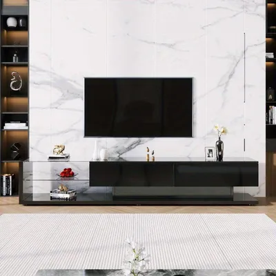 Image de Meuble TV avec portes en verre et système de gestion des câbles – structure en métal noir – design moderne
