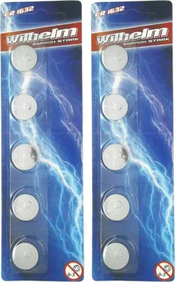 Two blister packs of CR1632 lithium coin cell batteries against a background of blue lightning.