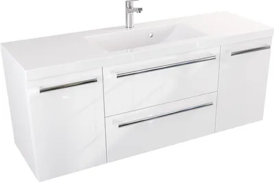 Produktbild von FURNI Waschtischunterschrank ATH 120 cm - Weiß Hochglanz - Hängender Badschrank mit Mineralguss-Waschbecken - Griffe - Vormontiert