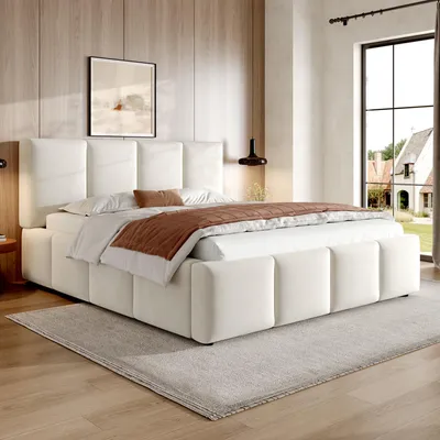 Produktbild von Polsterbett 180 x 200 cm, Doppelbett mit Lattenrost und gepolstertem Kopfteil, Bettrahmen für das Schlafzimmer, Schlafzimmerbett, Chenille-Bett, Beige