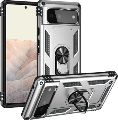 Produktbild von Google Pixel 6 Hülle, Dual Layer Militäre Fallschutz Schutzhülle mit Ringhalterung Ständer für Google Pixel 6 Silber