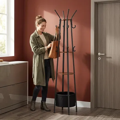 Produktbild von Garderobenständer, 3 Ablagen, 16 Haken, Braun und Schwarz | Kleiderständer mit Großer Aufbewahrungskorb, Garderobe mit für Eingangsbereich