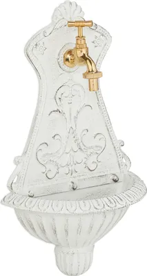 Image de Fontaine murale Relaxdays, fontaine de jardin au style rétro, lavabo et robinet, dimensions : 42 x 24,5 x 11,5 cm, fonte, blanche