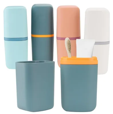 Zdjęcie produktu dla Zestaw 4 sztuk: etui na szczoteczkę do zębów, pojemnik podróżny na szczoteczkę i pastę do zębów, w kolorach: niebieski/jasnoniebieski/różowy/szary