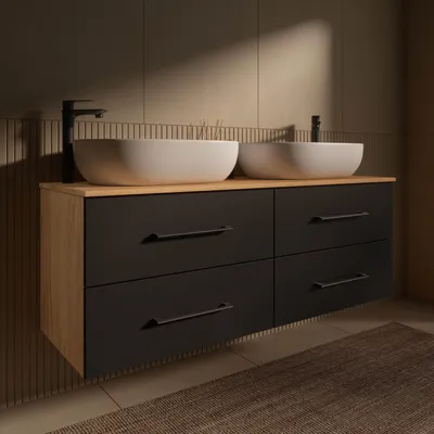 Produktbild von Planetmöbel LUX Badmöbel-Set Waschbecken mit Unterschrank 140 cm Gold Eiche/Anthrazit hängend & 2 x Aufsatz-Waschbecken 60 cm Weiß