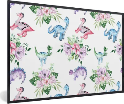 Produktbild von MuchoWow® Gerahmtes Poster Dinosaurier - Kinderzimmer - Blumen - Mädchen - Kinder - Rosa - Kind 90x60 cm - Poster mit Schwarzem Bilderrahmen Wandposter Rahmen Foto Bilder - Fotorahmen - Foto-Plakat