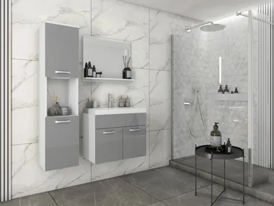 Produktbild von Minio, Badezimmer, Badmöbel 3-Teilig Set "MONAL", mit Waschbecken mit Spiegel, Weiß Glanz / Grau Glanz Farbe