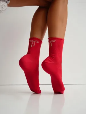 Imagen del producto de Calcetines de mujer, modelo Milena, a rayas, con lazo rojo, de algodón, tallas 37-41