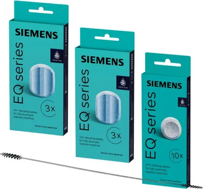 Produktbild von SIEMENS TZ80001 10 Reinigungstabletten + 6 Entkalkungstabletten TZ80002 + Reinigungsbürste für EQ series Kaffeevollautomaten