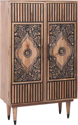 Produktbild von Adamina Kleiderschrank – Massivholz, handgeschnitzt, 150 cm, Boho & Mid-Century Stil