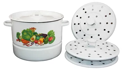 A white enamel steamer pot with a colorful vegetable illustration on the side, along with two white steamer inserts, is displayed against a white background.