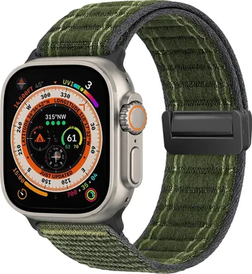 Produktbild von Smartwatch Armband für Apple Watch Ultra 3 49mm Nylon Textil Band Ersatzband Wechselband Magnetverschluss flexibel atmungsaktiv Grün Oliv