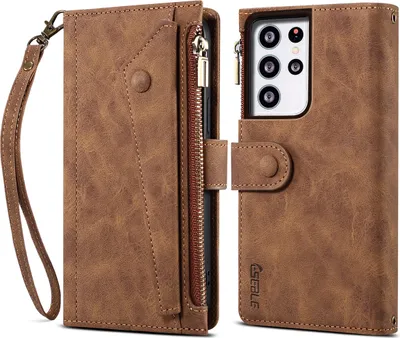 Produktbild von Schutzhülle für Samsung Galaxy S21 Ultra 5G Reißverschluss Hülle, Leder Klapphülle Kartenfach Standfunktion Brieftasche mit Trageband Braun