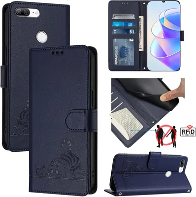 Produktbild von Leder Hülle für Honor 9 Lite Süße Katze Flip Case Brieftasche Schutzhülle mit Standfunktion Blau