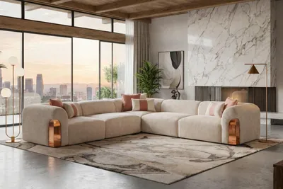 Immagine prodotto di Lussuoso divano ad angolo beige in tessuto, grande e comodo, per il soggiorno