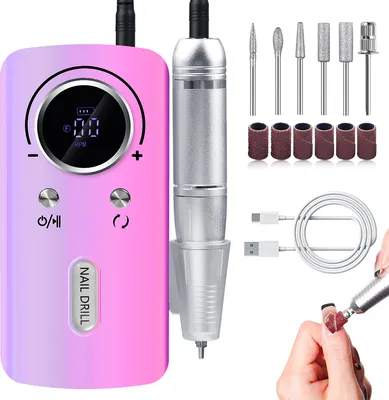 Produktbild von Professionelle 45000 RPM Elektrische Nagelfräser, Tragbar mit LCD-Anzeige, 6 Metall-Polierkopf, Lila