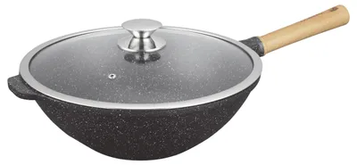 Wok 32 cm, 5,0 l, Aluminium, Steinbeschichtung, Holzgriff, Glasdeckel