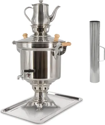 Produktbild von Set Samowar 5L Edelstahl 1,2 mm + Schornsteinrohr + Tablett + Teekanne 0,9 l