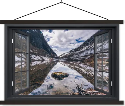 Produktbild von MuchoWow® Textilposter Aussicht - Berge - Wasser 60x40 cm mit schwarzem Rahmen - Hölzernes
