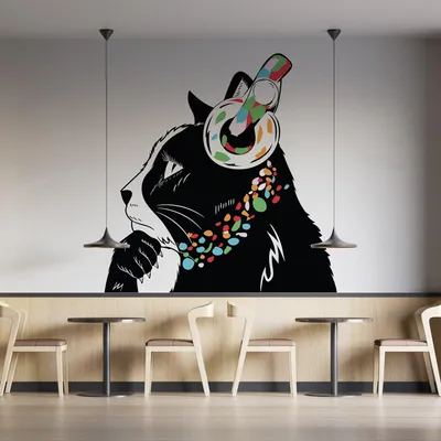 Produktbild von Decords Wandtattoo – denkendes Kätzchen mit Kopfhörern im Street-Art-Stil, 381 x 262 cm, Links