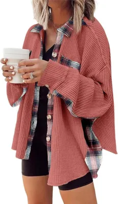 Image de ASKSA Femme Chemisier en tricot gaufré Spleissen Veste-chemise Bouton Down Chemise décontractée Oversize Cardigan, Rouge foncé, L