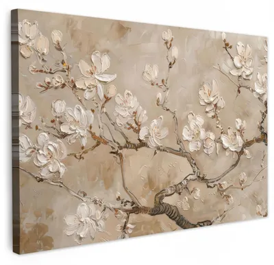 Image de Elzusha - Tableau sur toile, 120x80 cm, décoration murale, fleurs, style moderne, beige et blanc