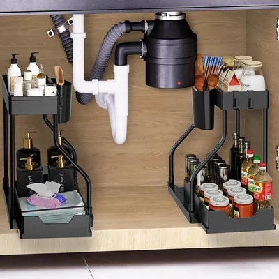 Image de Organisateur de tiroir coulissant à 2 niveaux pour rangement sous lavabo, cuisine et salle de bains