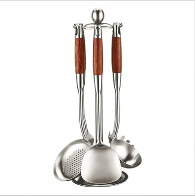 Imagen del producto de Juego de utensilios de cocina de acero inoxidable, que incluye espátulas, cucharas y otros utensilios para cocinar. Juego completo de siete utensilios de cocina