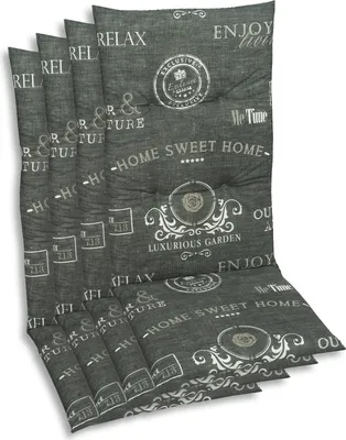 A stack of four grey chair cushions with a decorative pattern of text and ornamental designs.