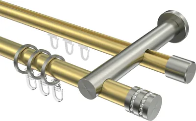 Produktbild von Interdeco Rundrohr-Innenlaufstange / Gardinenstange (Kombination) Messing-Optik / Edelstahl-Optik, Typ Platon Estana (Glitzerkappe), 20 mm Ø 2-läufig, 240 cm