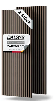 Produktbild von Dalsys 2x Akustikpaneele Holz 240x60cm Walnuss mit Lamellen, Wandpaneele Holz für Schallschutz in Büro- & Wohnräumen, Akustik Paneele Wand, 3D Wandverkleidung innen, Holzpaneele Wand