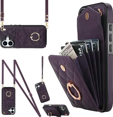 Obrázek produktu pro Crossbody pouzdro z umělé kůže pro Apple iPhone 17 s kosočtvercovým vzorem a kapsou na karty RFID, fialové