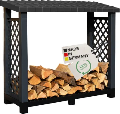 Produktbild von NYVI Kaminholzregal mit Dach & erhöhtem Boden für Außen - Recycelter Kunststoff - Wetterfest, Stabil, Langlebig - Kaminholzunterstand 114x102x47 cm Schwarz Outdoor - einfache Montage ohne Werkzeug