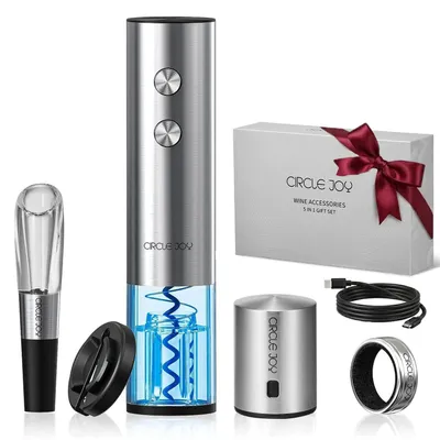 Immagine prodotto di Apribottiglie elettrico per vino, set 5-in-1, colore argento, con tagliacapsule, aeratore, anello antigoccia e tappo sottovuoto