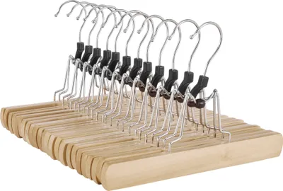 Produktbild von Hosenbügel, Kleiderbügel Holz mit Metall Haken im Set 12 Stück, Bügel für Hosen oder Rock in Natur Farben, Klemmbügel platzsparend als Organizer im Kleiderschrank,