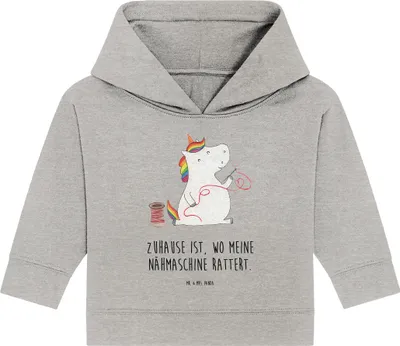 Produktbild von Mr. & Mrs. Panda Organic Baby Hoodie Einhorn Näherin 12. - 18. Monat - Heather Grey - Geschenk, Unicorn, Einhörner, Kapuzensweatshirt, Kapuzenshirt, Häkeln, Freundin
