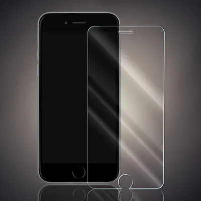 A black smartphone is shown next to a transparent screen protector.