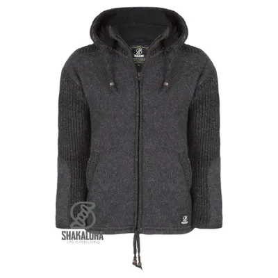 Immagine prodotto di Cardigan in lana Shakaloha Finn antracite con fodera in pile e cappuccio rimovibile - Uomo/Tinta unita - Realizzato a mano in Nepal con lana di pecora