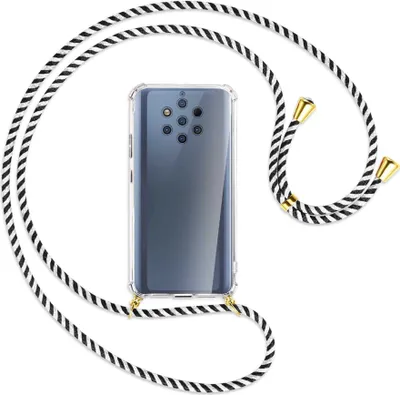 Produktbild von Handykette Backcover-Schutzhülle mit Band (Metall goldfarben) für Nokia 9 PureView - schwarz/weiß gestreift