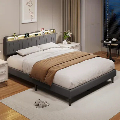 Obrázok produktu pre UnboxG čalúnená posteľ 160x200 cm s úložným priestorom v čelnej časti, LED osvetlením, USB a Type-C portmi, výškou podstavca 18 cm a roštom, poťah z ľanu, farba: sivá