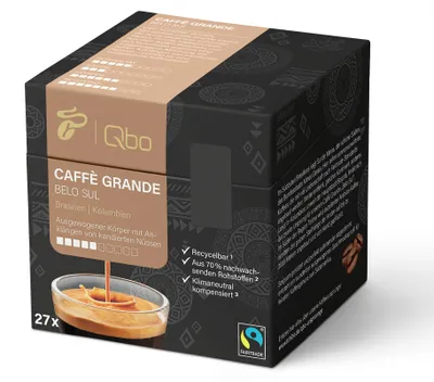 Produktbild von Tchibo Qbo Caffè Grande Belo Sul Premium Kaffeekapseln, 81 Stück – 3x27 Kapseln (Caffè Grande, Intensität 5/10, ausgewogen und nussig), nachhaltig & aus 70% nachwachsenden Rohstoffen¹