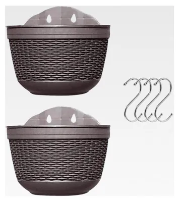 Produktbild von Set aus 2 Hängepflanzgefäßen für den Außenbereich, Kunststoff Blumentopf, Pflanzenhalter für Balkon, Zaun und Wandmontage mit Drainage und 4 Haken